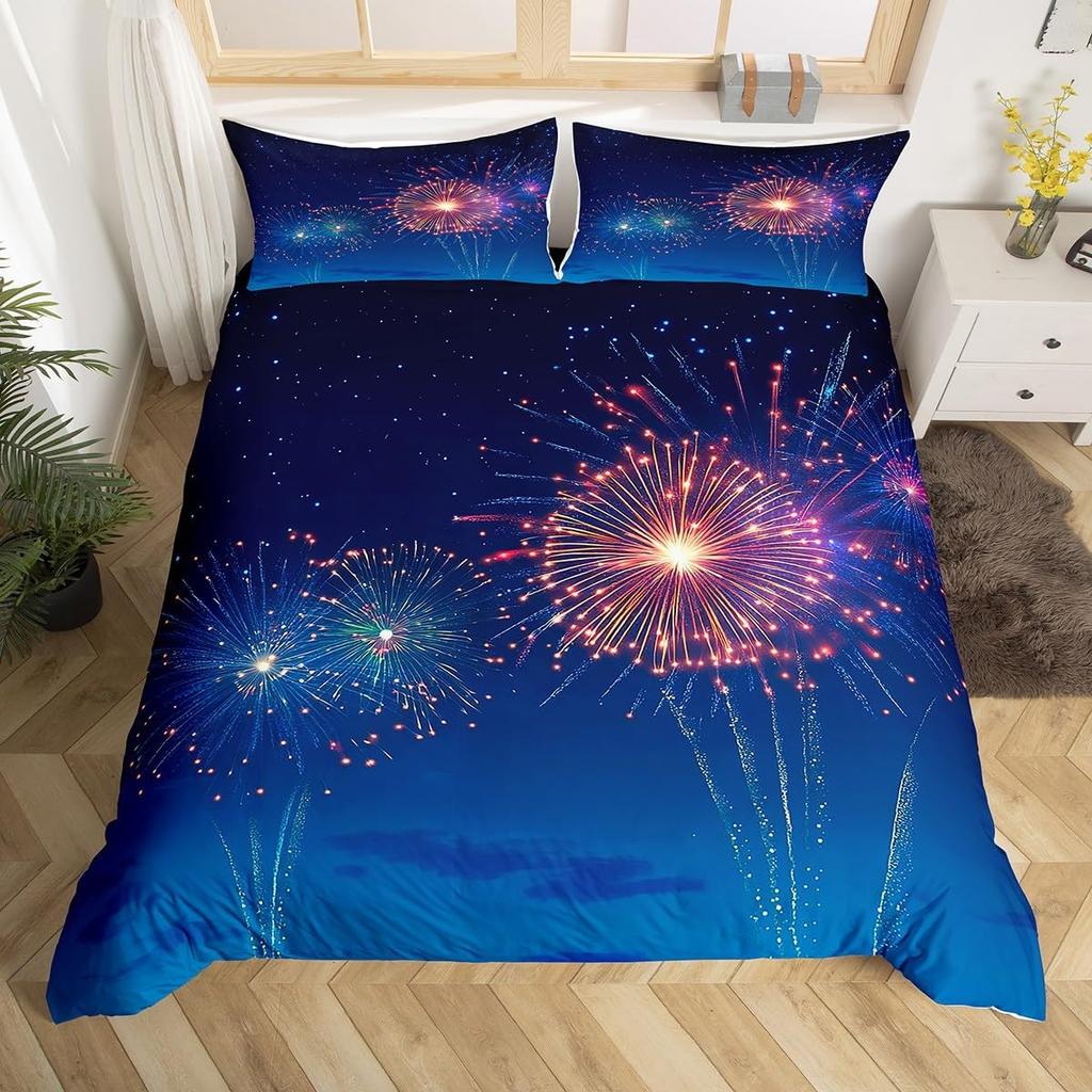 Fireworks Duvet Cover Fantasy Castle Bedding Set Prague Cityscape Comforter Cover Microfiber Magical Psychedelic Flowers Bed Set