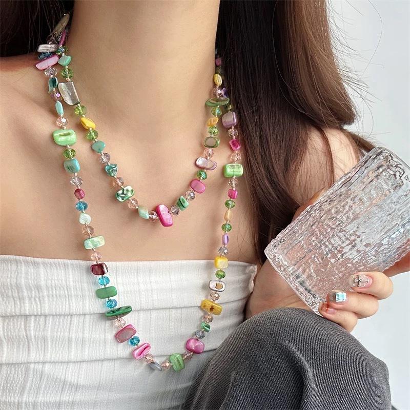 Trendy Colorful Shell Crystal Long Sweater Necklace, Multilayer Beaded Boho Fashion Jewelry for Women