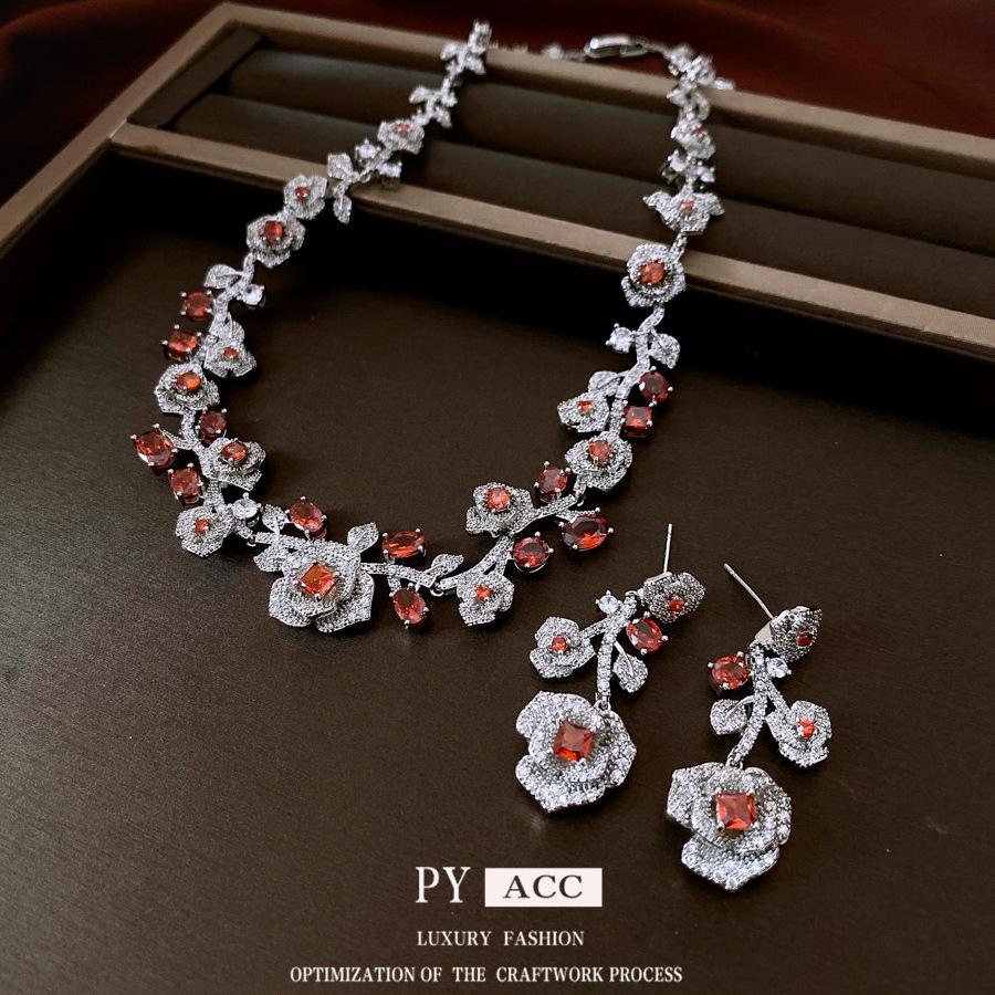 Retro Style Zircon Rose Earrings Necklace Court Style Exquisite Collarbone Chain Light Luxury Niche Jewelry Set