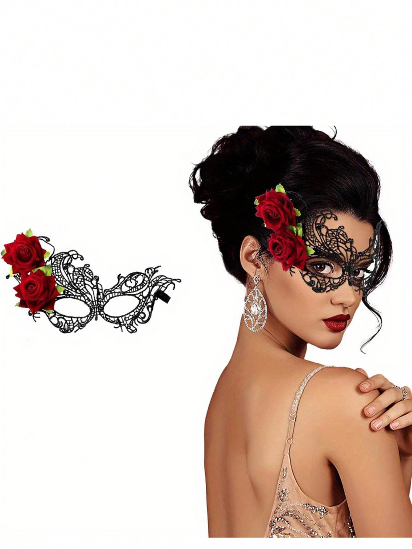 

1pc Red Rose Black Lace Masquerade Mask Venetian Style For Halloween Valentine Party United States