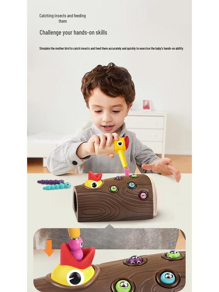 Early Learning Magnetic Woodpecker & Worms Wooden Fishing Game for Kids