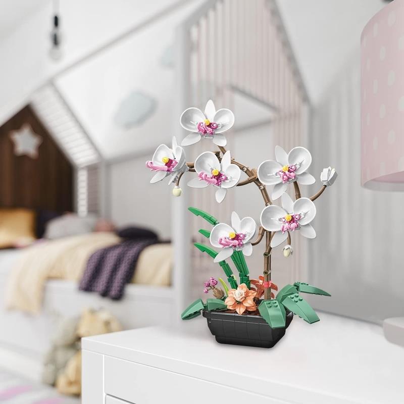 Construction Blocks Flower Orchid White Bouquet in a Pot Set 581 Pieces