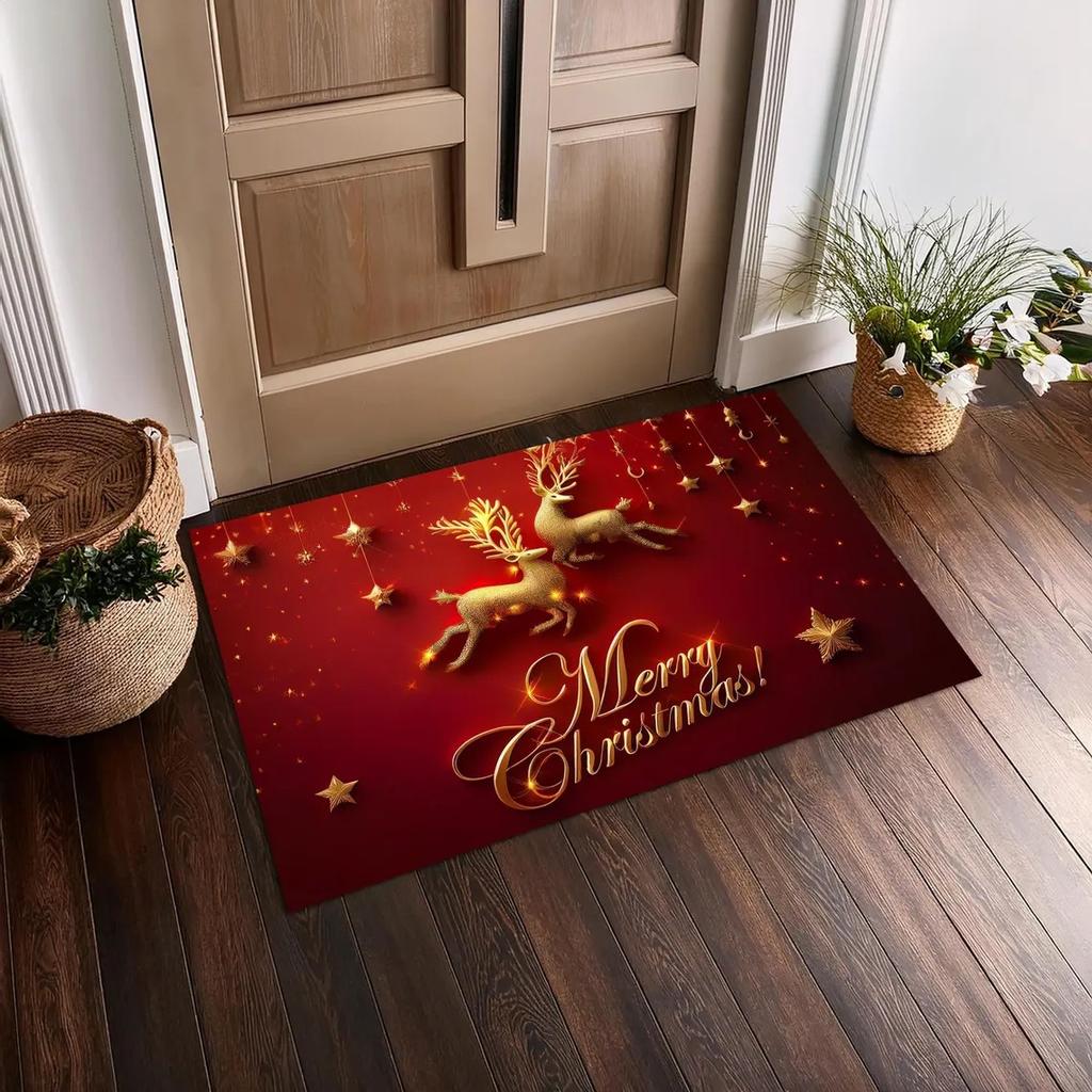 Christmas & Floral Carpet Mat Rug Santa Deer Design with Gift Boxes & Poinsettia Non-slip Home Decoration Welcome Mat Home Rugs