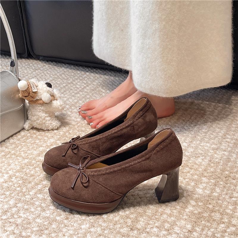 Fashion 2025 New Roundness High Heels with Suede and Bow Single Shoes with A Slip-on Light Casual Women Shoes Stylish and Comfortable