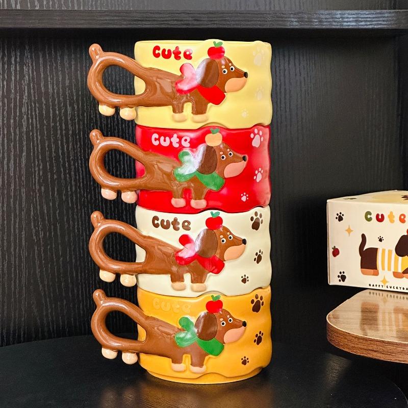 European-style Cartoon Dachshund Ceramic Coffee Cup Home Dessert Tea Cup Cute Mug Women Birthday Gift Water Mug Home Decoration