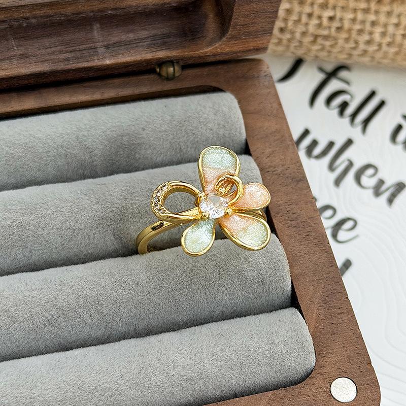 Sweet Stacked Enamel Dripping Oil Flower Temperament Open Ring Women'S Fashion Niche Design Sense Light Luxury Ring