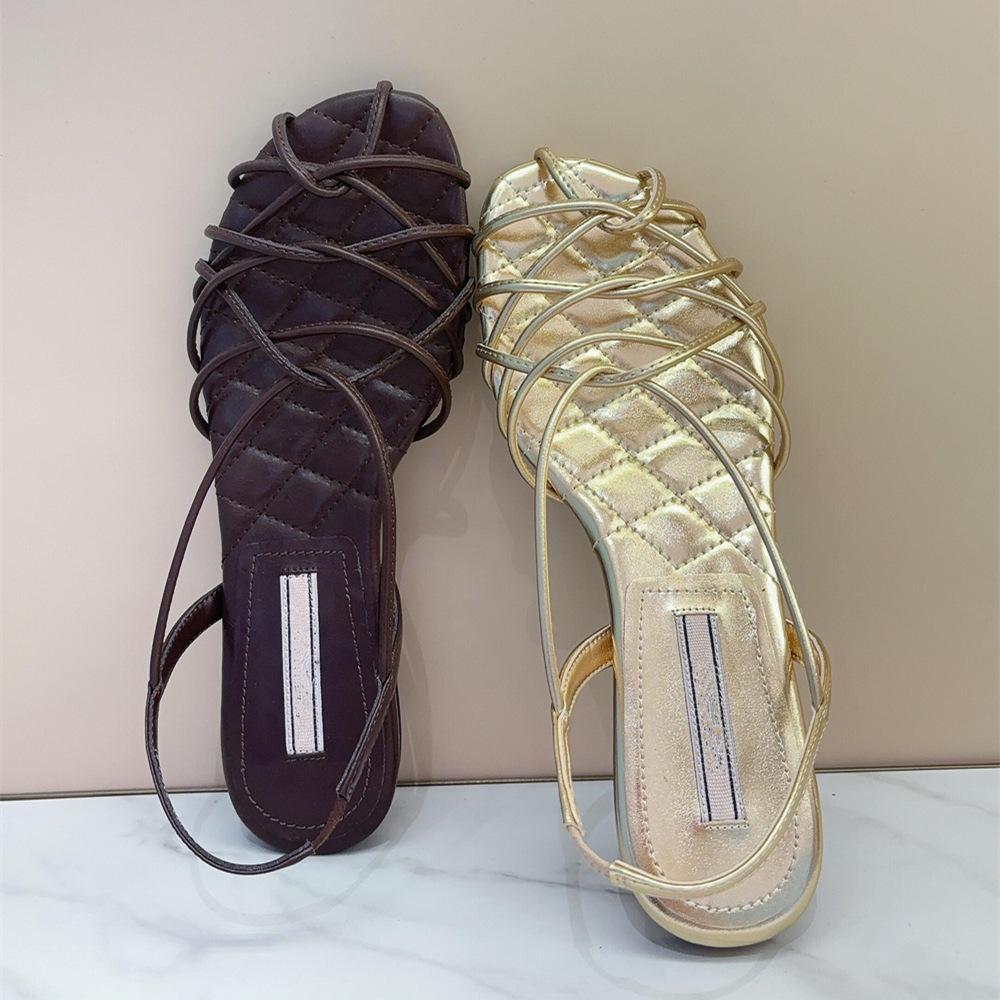 

Овчина~ Чжун Чуси щелочная вода узел плетение с открытым носком тонкий ремешок золото плоская подошва римские сандалии женская летняя обувь 40 золотой