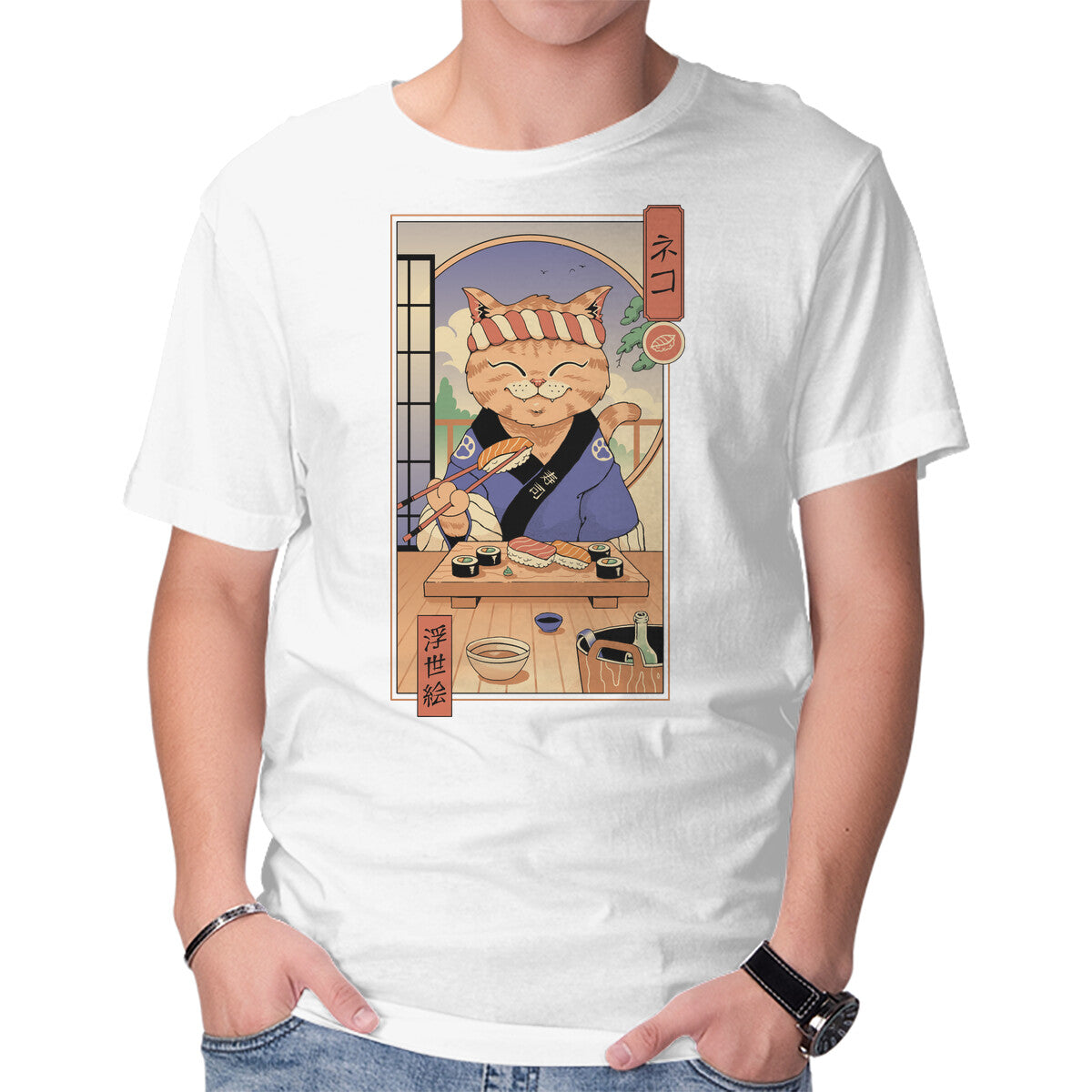 Unisex Crew Neck T-Shirt Sushi Cat In Edo Graphic Short Sleeve Casual Tee XS