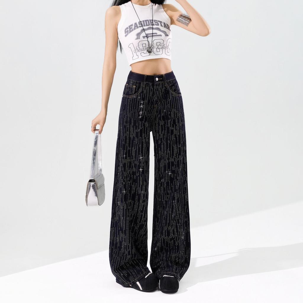 Spring Summer Bling Full Star Wrinkle Resistant Four Way Stretch Drape Micro Flare Wide Leg Denim Pants For Women Casual Pants Oversize Denim Trousers