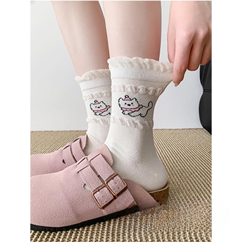 Female Fall Striped Cartoon Cute Preppy Bow Puppy Mid Tube Socks
