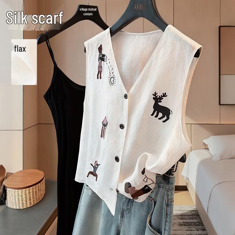 

Women s Embroidered Linen V-Neck Vest S