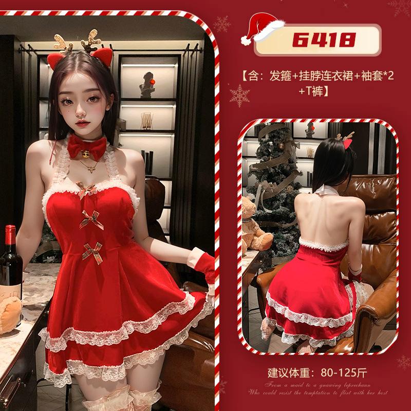 New Christmas Sexy Lingerie, Sexy Lace Pure And Alluring Style, Red Velvet Halter Passionate Uniform 6418
