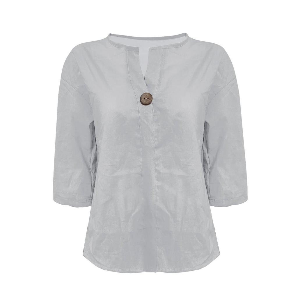 2026 Women's European & American V-neck Cotton Linen Button-up Loose T-shirt