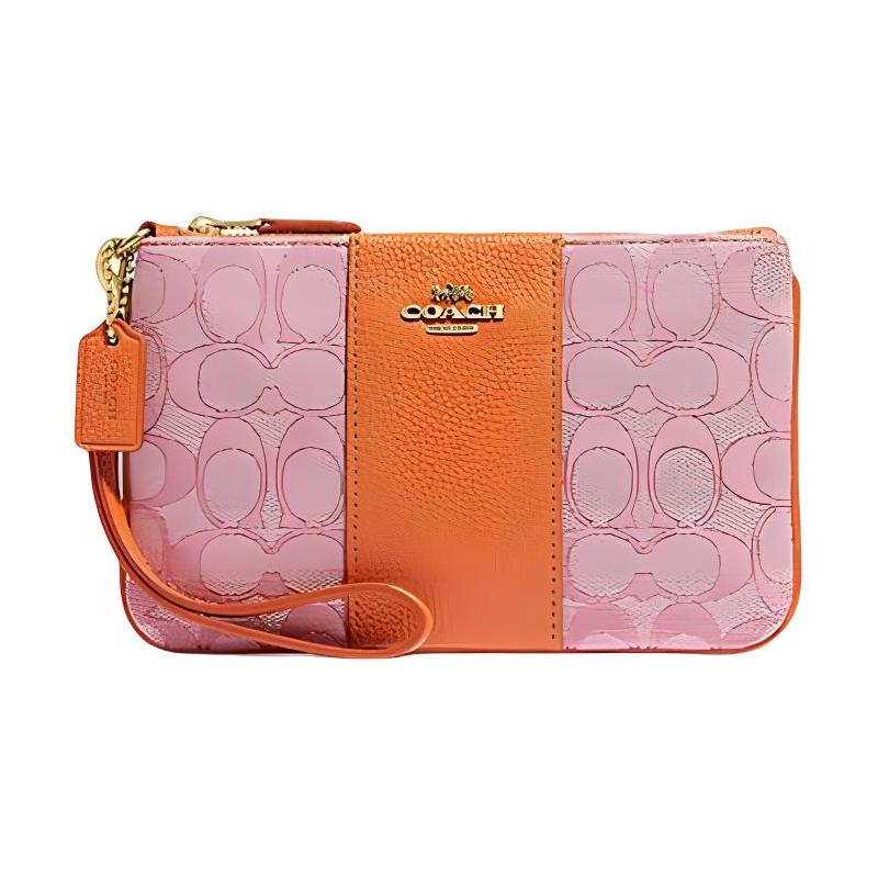 COACH Corner Zip 19 Classic Presbyopia Zipper Wrist Bag Fabric with Pebbled Leather Clutch Small Women s Orange and Pink Presbyopia оранжевый