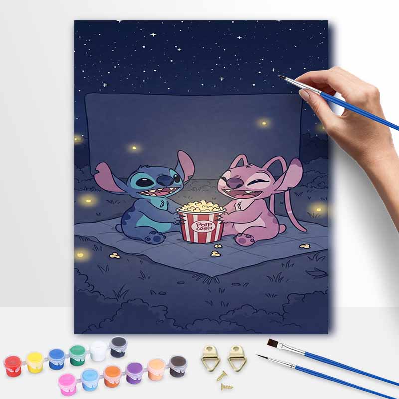 Disney Stitch and Angel eating popcorn oil painting art set handmade diy gift home decoration