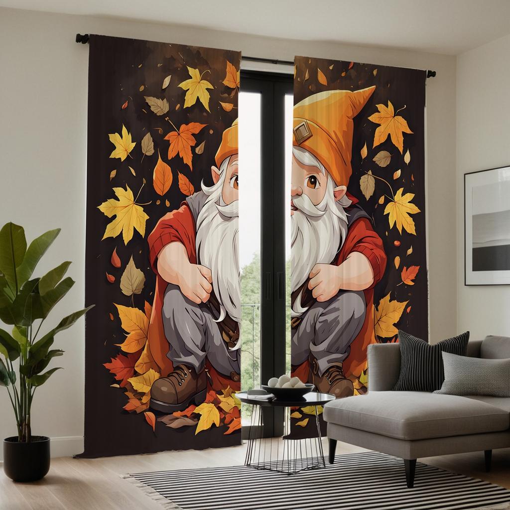 2pcsHD Santa Claus Autumn Maple Leaf Decorative Curtain Black Tie Digital Printed Curtain Home Decoration Style Decorate Liv
