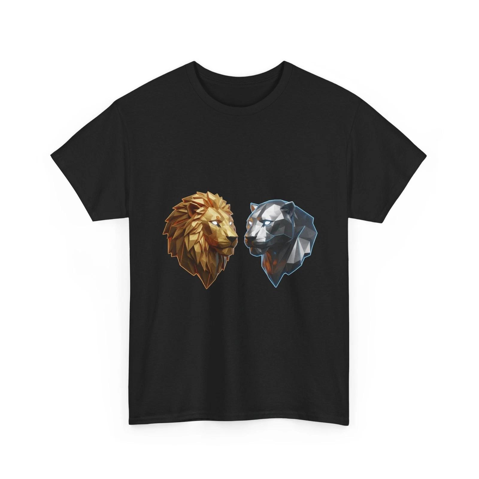 Gold & Silver Lion Panther Heads T-Shirt | Geometric Lion Design, Cool Animals 3XL