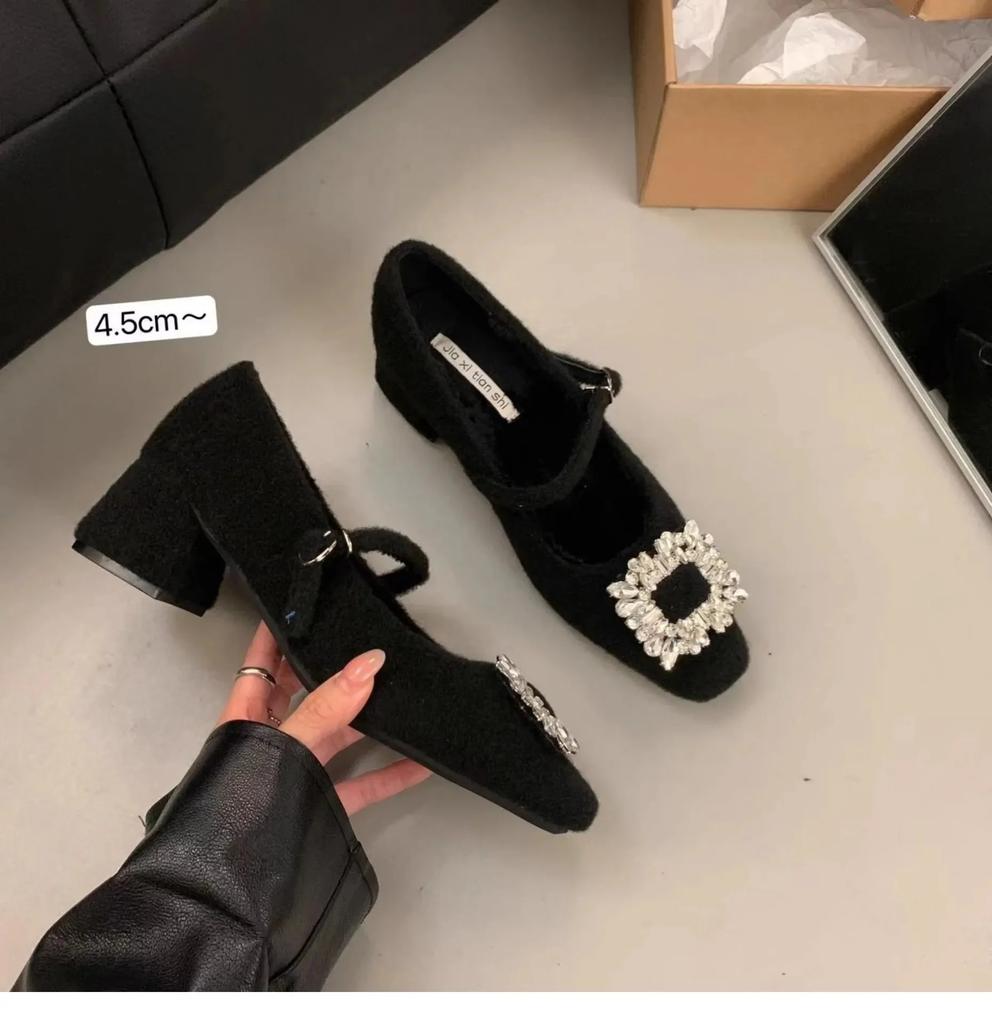 Women's Comfortable Fleece Lined Chunky Heel Single Shoes Fashionable Warm Winter Mary Janes Evening Shoes Rubber Sole Retro Sty