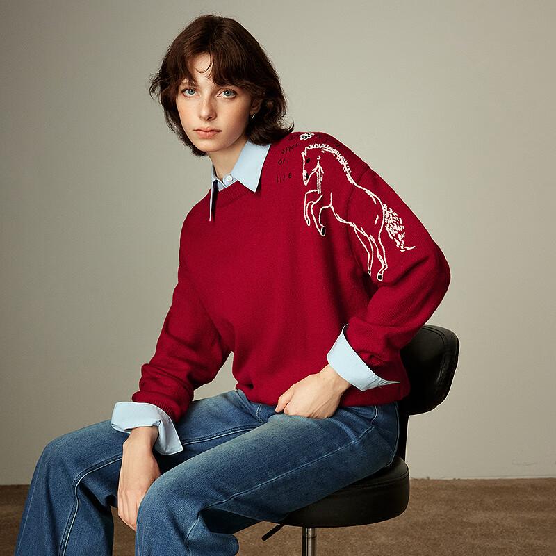 Chuyu Women's New Year Red Horse Embroidery Round Neck Sweater