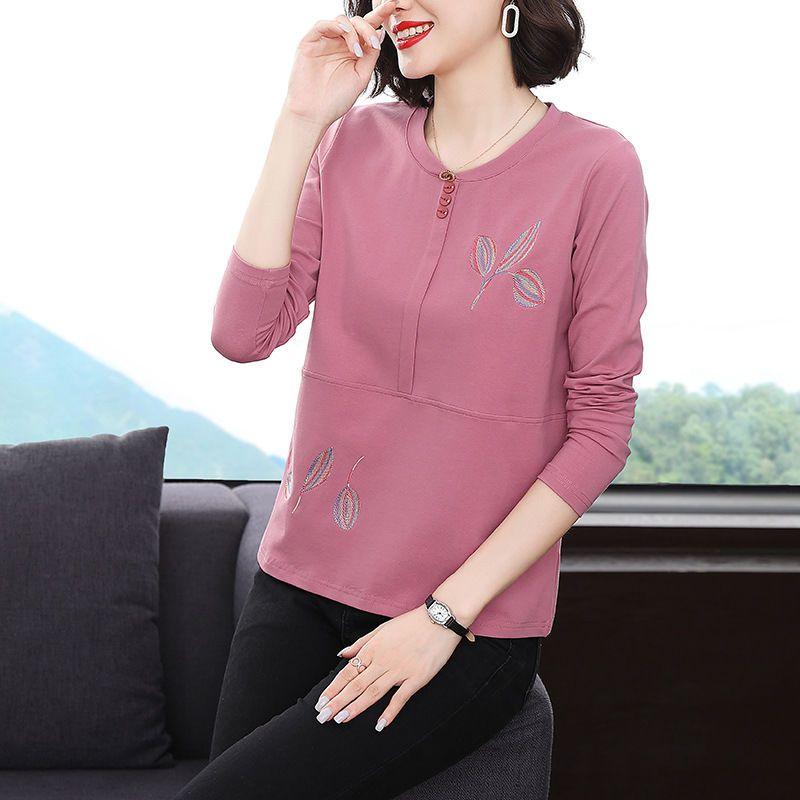 Commute Embroidery T-shirt Casual Round Neck Spring Autumn Long Sleeve Button Loose Pullovers
