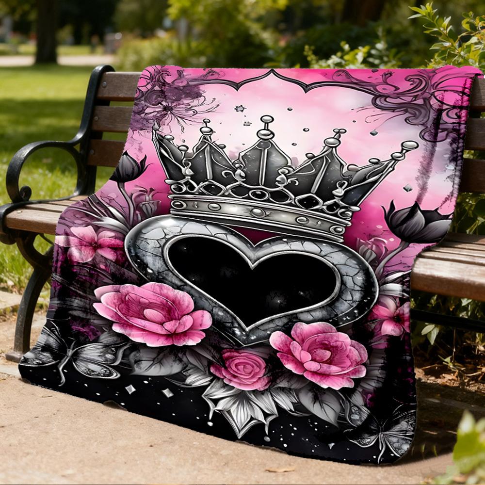 1pc Crown Heart Floral Decor Outdoor Flannel Blanket Soft All Season Polyester Throw , Perfect for Picnics & Travel , Picnic Accessory