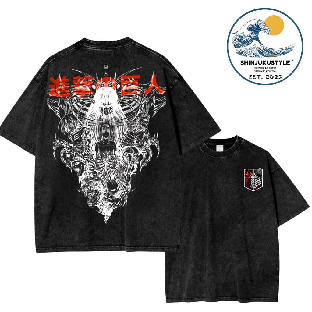 Unisex Anime Attack on Titan Vintage Washed Graphic Print T-shirt Men Women Casual Oversized Streetwear Hip Hop Fashion Summer New Tee