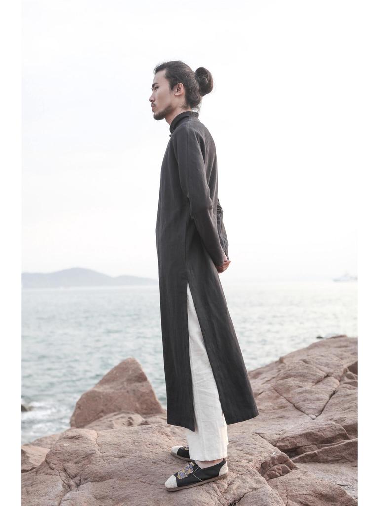 Ležérní dlouhé šaty Hanfu ve stylu éry Republiky, taoistický lněný župan s pan sponou a měděnými knoflíky