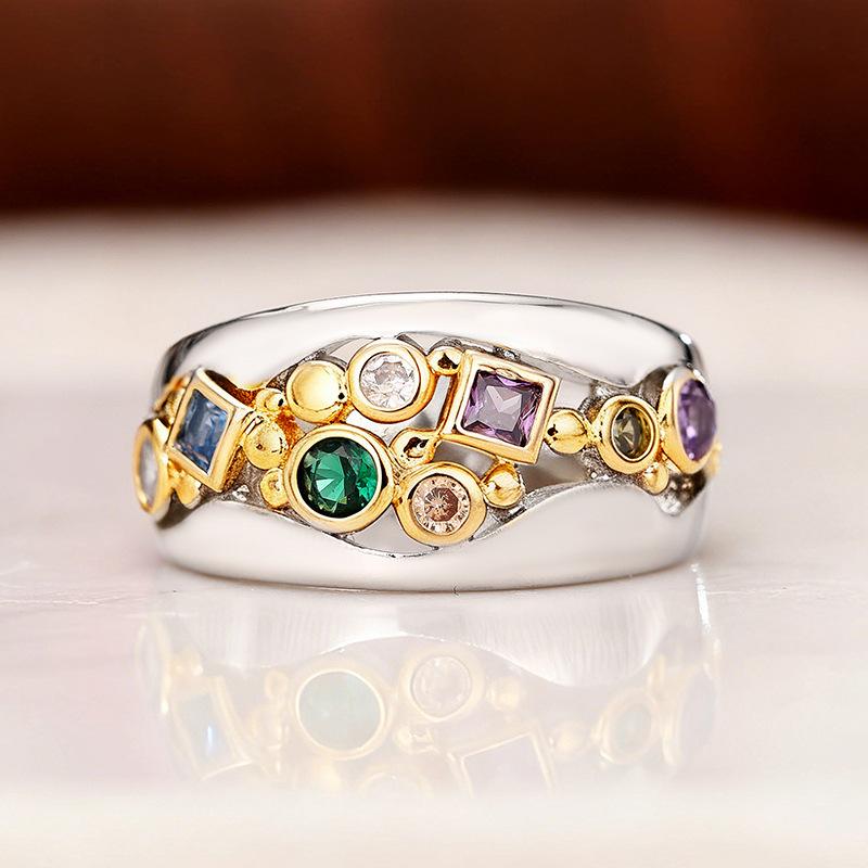 Ethnic style accessories, creative hollow two-color slightly inlaid zircon ring, trendy fashion women's ring