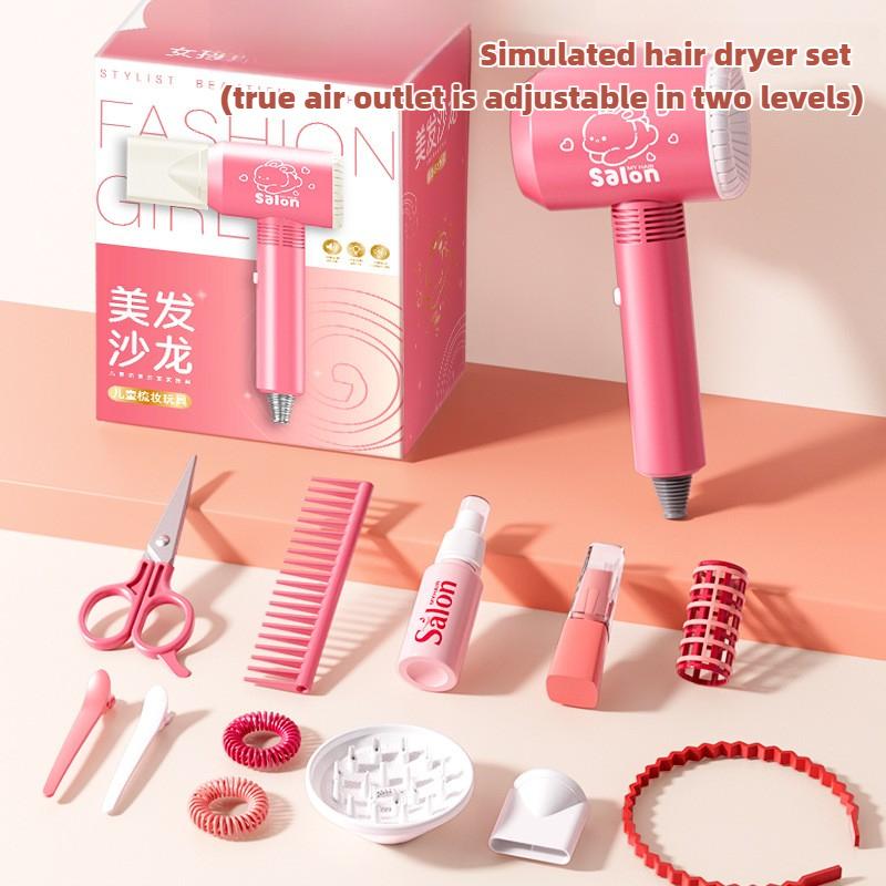 Girls Beauty Salon Set Kids Hair Beauty Makeup Set Simulation Hair Dryer Fashion Styling Tool Pretend Play House Gift Fun Game
