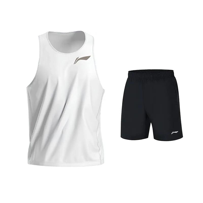 Li-Ning Plain Simple Quick-Dry Breathable Loose Comfortable Versatile Sleeveless Vest Casual Sports Suit Men suit Off-White Black YVSW033-1+YKST119-1