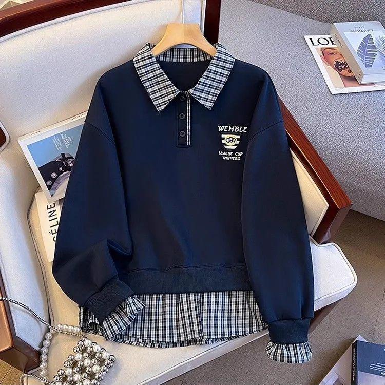 Women s Plaid Patchwork Polo Collar Hoodie - 2025 Niche Loose-Fit Autumn/Winter Top Extra Small синий