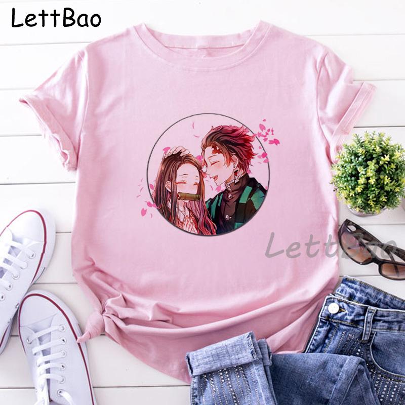 Nezuko Kimetsu No Yaiba Funny Graphic Pink T Shirts Women Vintage Anime Print Tee Shirt 90S