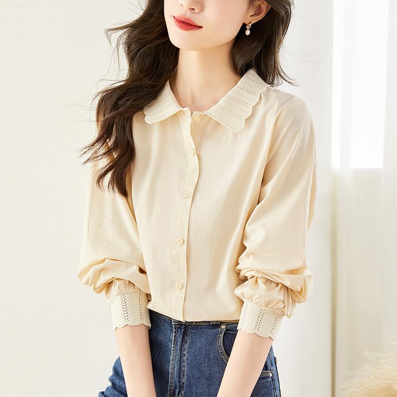 Aprikotfarbene Bluse mit weißem Spitzenkragen für Damen, langärmelig, Baumwolle, Frühling