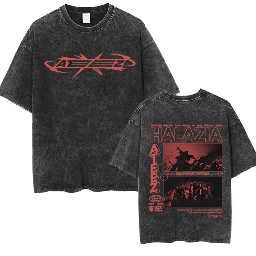 Ateez 2025 World Tour in Your Fantasy Tour Cherry Vintage Washed T Shirt Korean Kpop Fashion T-shirt Men's Women Cotton T-shirts