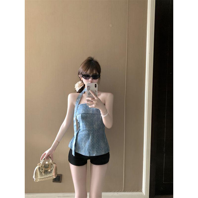Kumikumi Retro Distressed Washed Hot Drilling Denim Tube Top Women clothes Summer Sexy Waist Hugging Slimming Versatile Vest