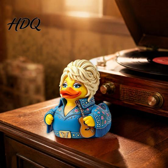 Small Desktop Display Piece Parton Memorial Duck Dolly Duck Figurine Country Music Statue Guitar-Themed Blonde Hair Musician Ornament Decorative