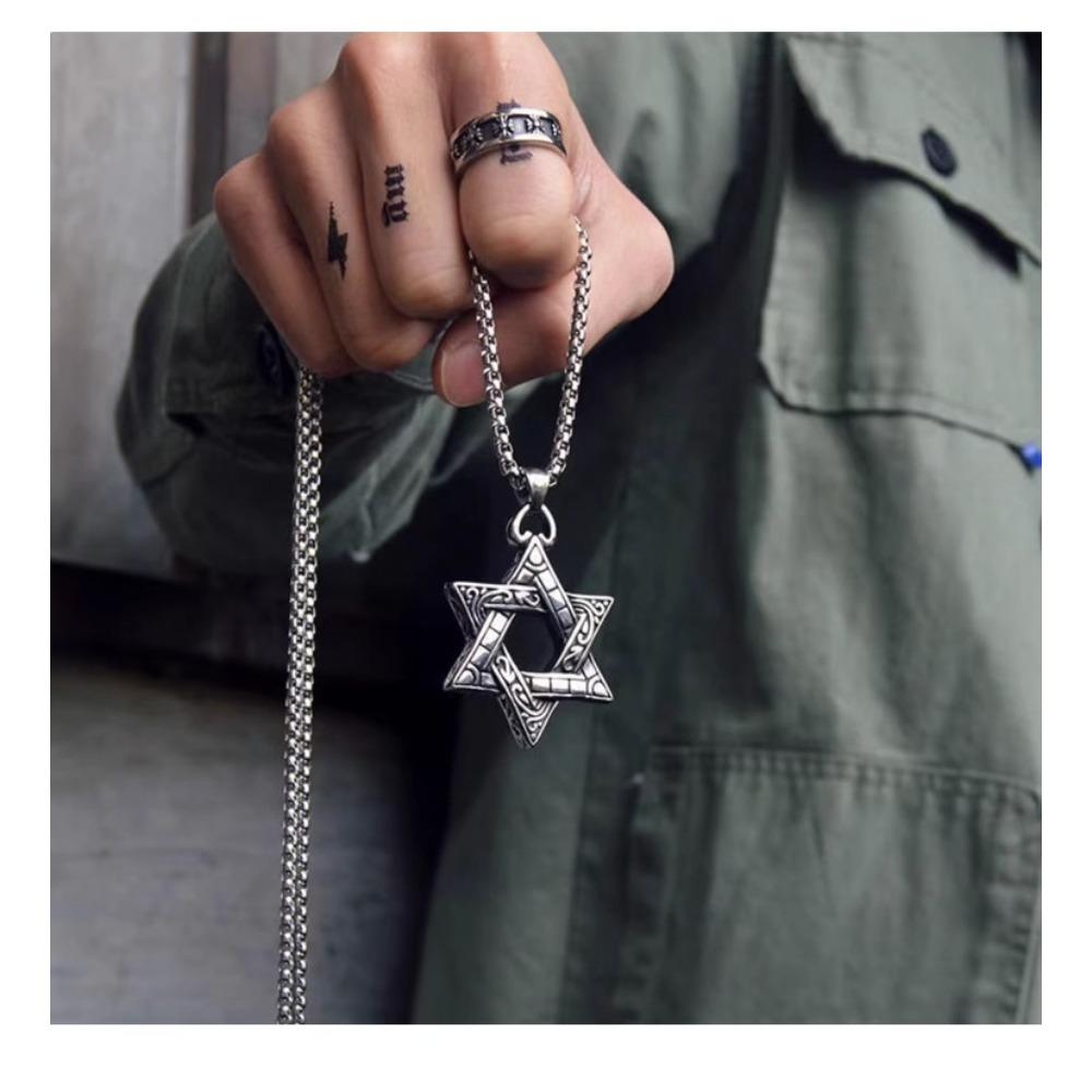 

Hexagram Necklace Men s Tide Pendant Hip Hop Retro Titanium Steel Accessories Personalized T-Shirt Pendant Long Sweater Chain