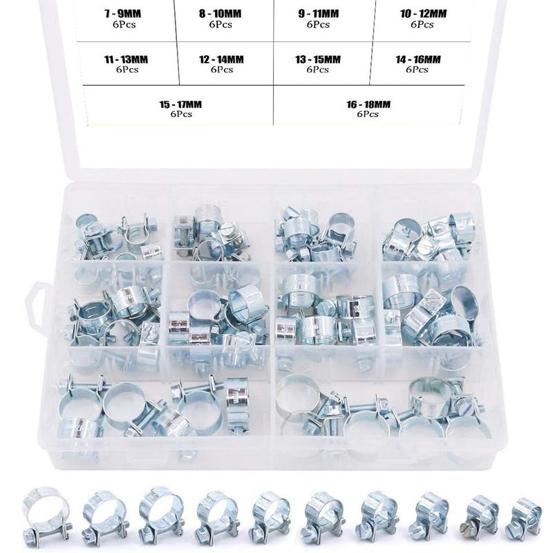 60Pcs 10 Size Mini Fuel Injection Style Hose Clamp Assortment Kit For Diesel Petrol Pipe