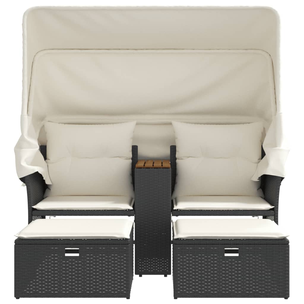 2 Seater Garden Sofa with Canopy and Footstools Black Poly Rattan