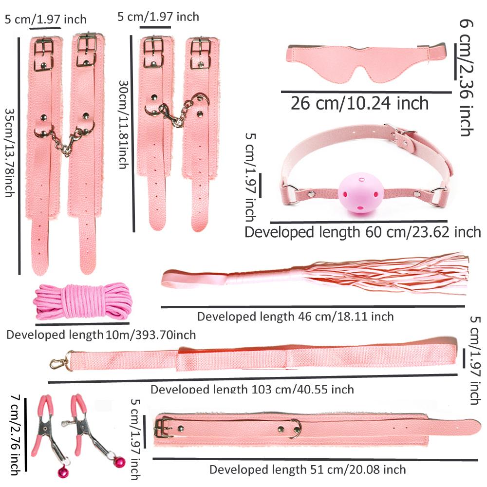 8pcs SM Sex Toy Set, Couple Sex Toys, Collars and Leashes, Handcuffs, Ankle Cuffs, Whips, Mouth Balls, Eye Masks, 10 Meter Rope, Nipple Clip Props