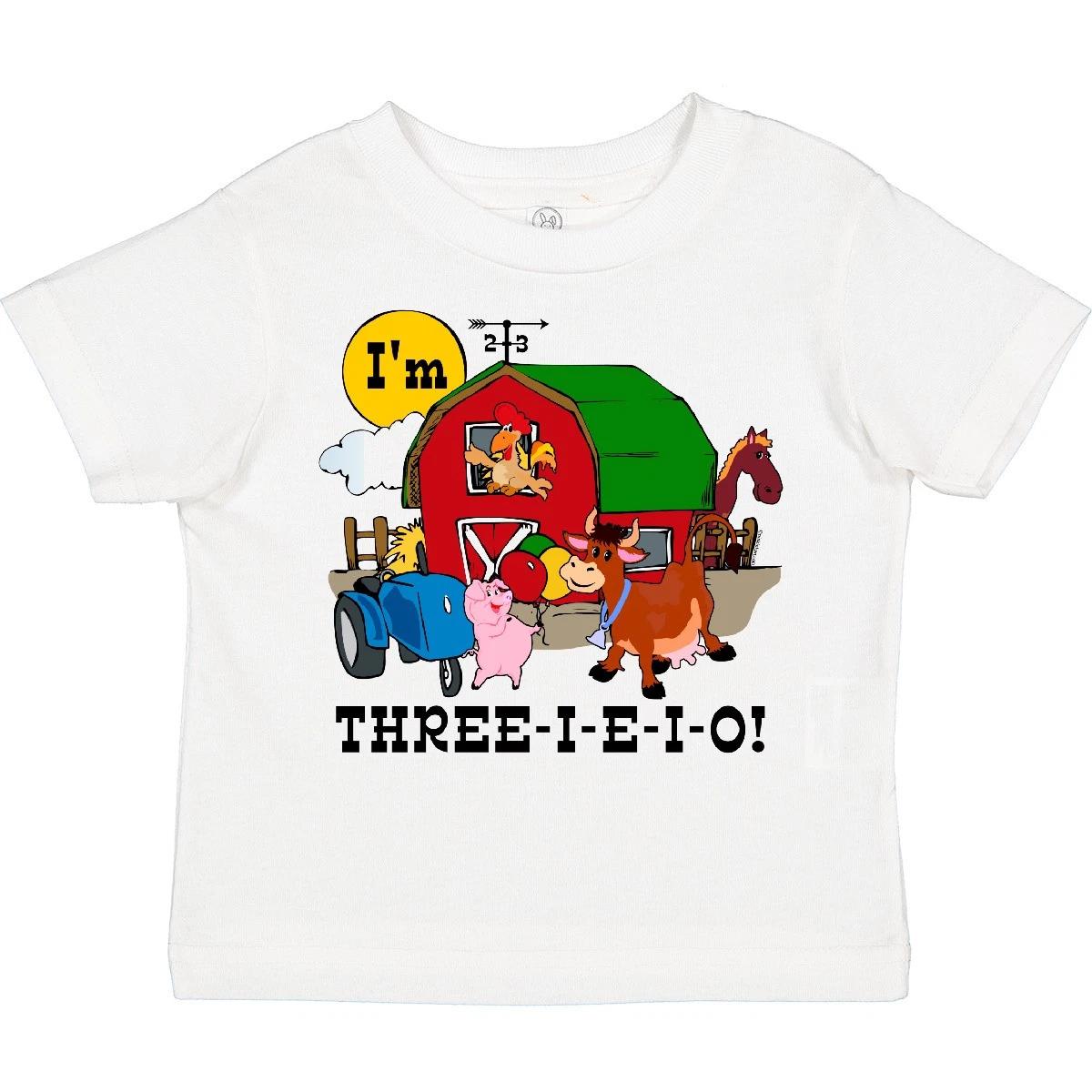 Inktastic THREE-I-E-I-O Toddler kids boys T-Shirt Barn Cow Pig Horse Eieio Tractor Cute 100