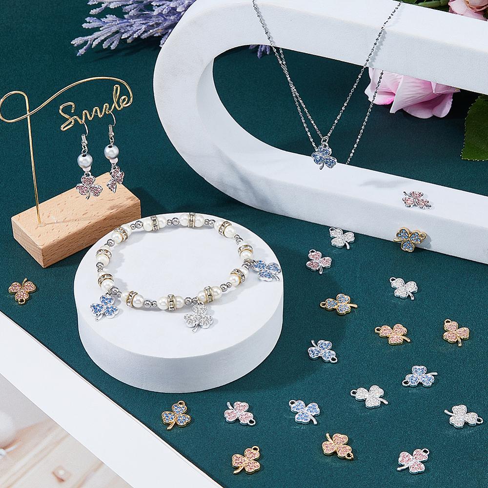 60Pcs 6 Colors Alloy Pendants with Rhinestone Cadmium Free & Nickel Free & Lead Free Clover Charms Mixed Color 18.5x14x2mm Hole: 1.8mm