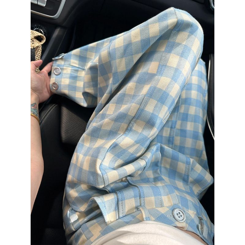 

Blue Plaid Pants for Women, New Summer Style for Plus-Size Girls, Pear-Shaped Body, High-Waisted, Drapey, Slimming Wide-Leg Casual Pants Blue S(Suggestion 40-45kg)