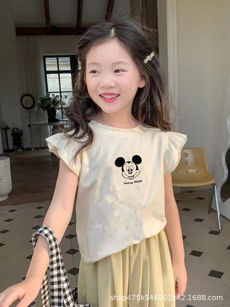 Girls Summer Cotton Cartoon T Shirt Cute Flutter Sleeve Short Sleeve Top Baby Breathable Comfortable Undershirt