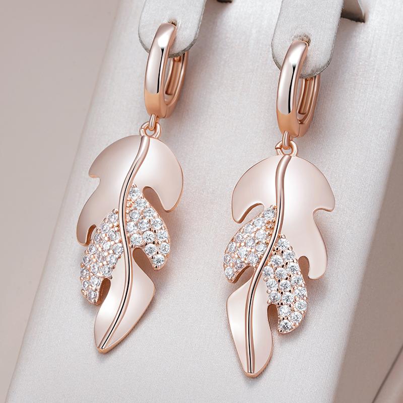 Unique Long Leaf Dangle Earrings For Women Fashion Rose Gold Color With Natural Zircon Luxury Daily Party Jewelry Gift
