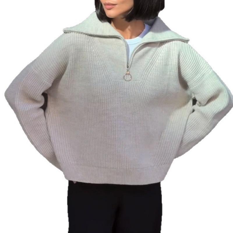 New Retro Long-sleeved Top Loose Design Lapel Zipper Pullover Knitted Sweater
