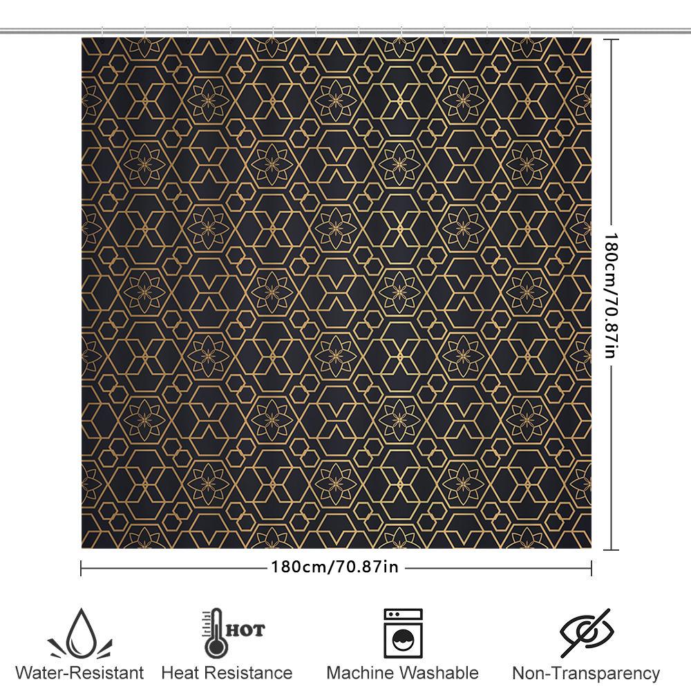 Modern Geometric Bathroom Shower Curtain With Hexagonal Design Navy Blue And Gold Color Combination Set For Bathtub Decorations