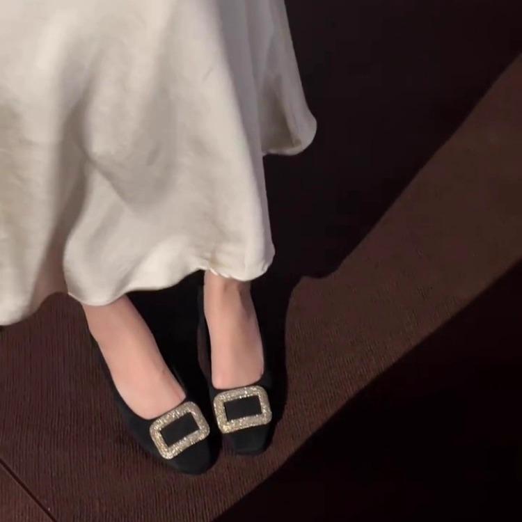 Sheepskin version~ New leather square head rhinestone square buckle single shoes for women's Korean version, commuting light mouth Mary Jane shoes