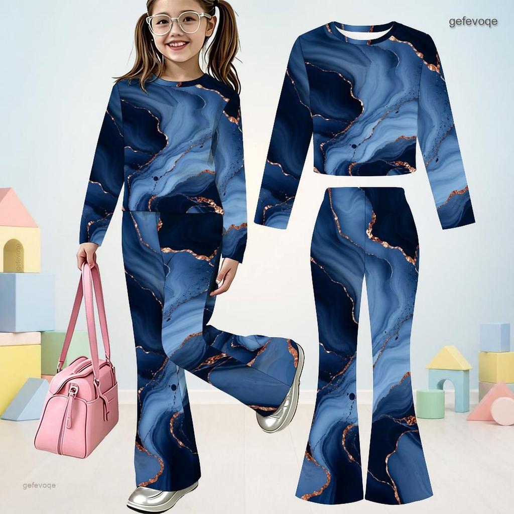 Mädchen Rundhals Langarm Blau Bedruckt Oberteil Ausgestellte Hosen Zweiteiliges Set