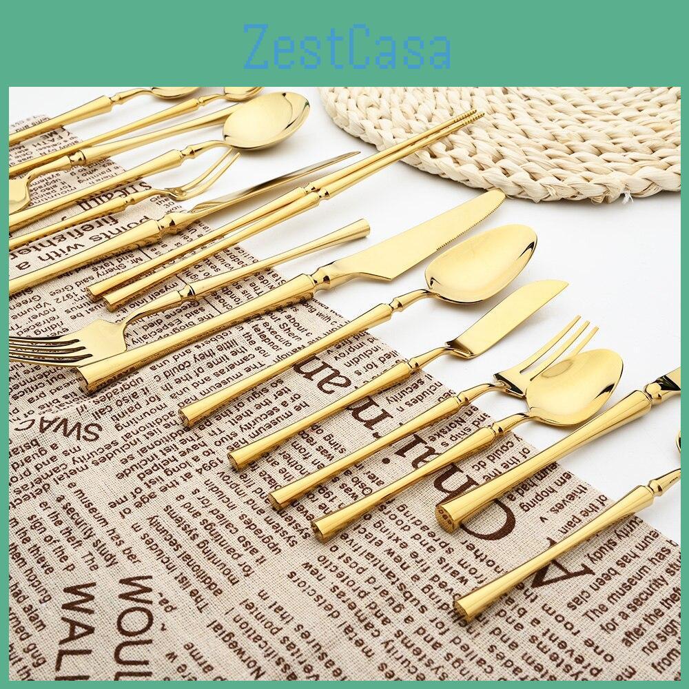 Gold Vintage 1 Mirror Pcs Flatware Cutlery Set 304 Stainless Steel Dinnerware Set Tableware Home Knife Fork Teaspoons Silverware Set